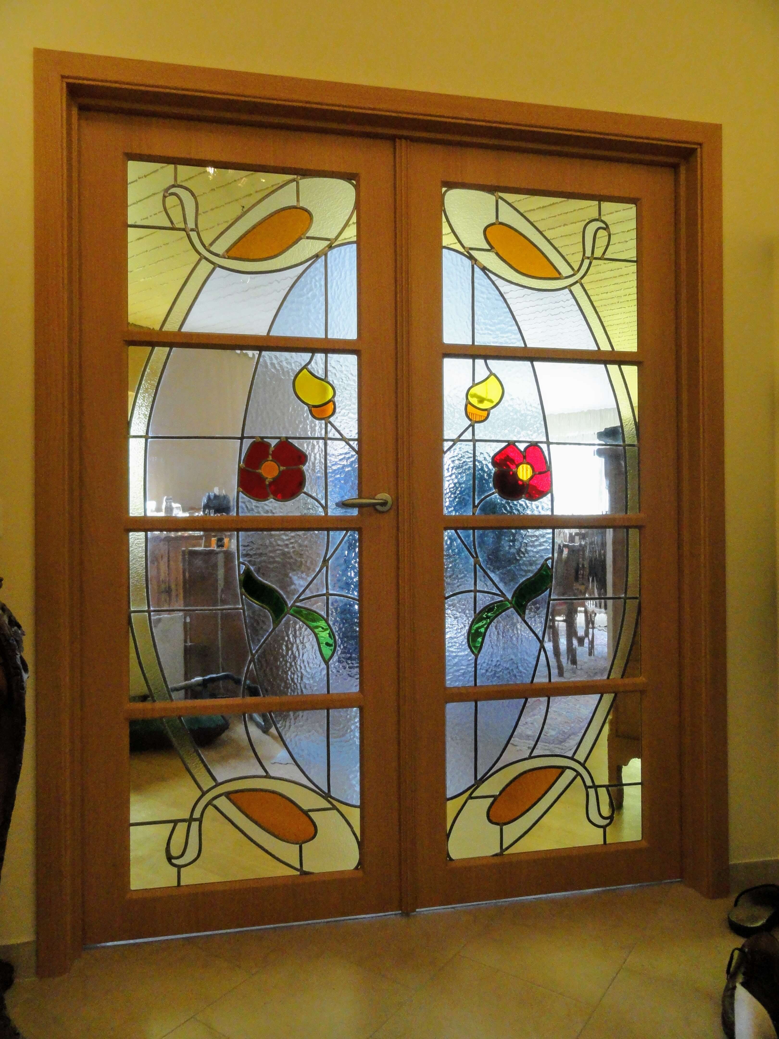 deur, bloem, glas in lood, glasramen, interieur