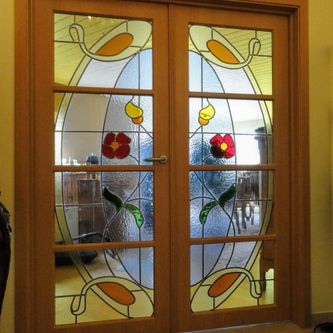 deur, bloem, glas in lood, glasramen, interieur