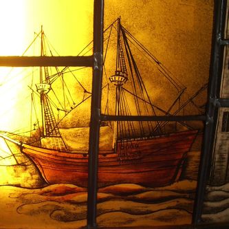 glasraam, water, schip, mast, schildering, tekening, glas in lood