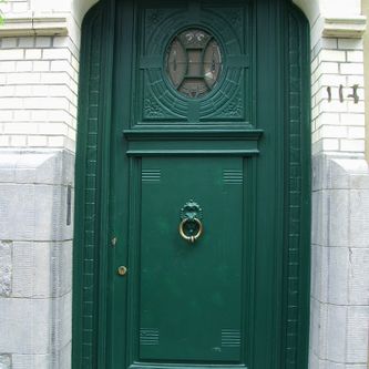 voordeur, glasraam, art deco, glas in lood, groene deur, art deco deur